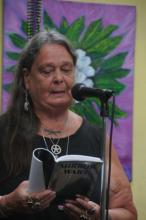 Nancy reading at Maaple Leaf