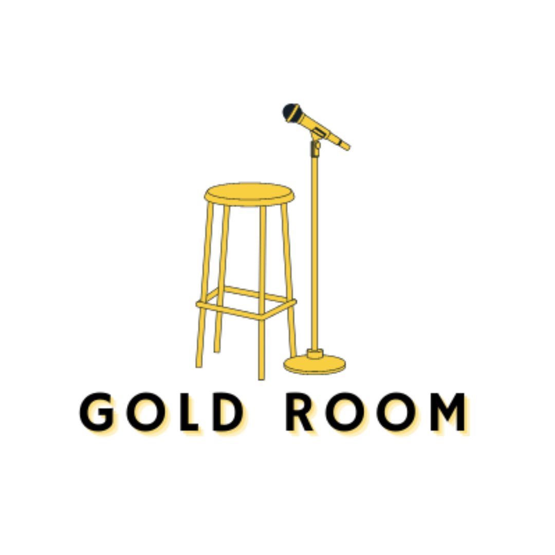 Gold Room logo featuring a gold stool, gold microphone, and the text "Gold Room."
